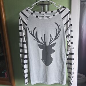 Striped Long Sleeve Deer Print Top